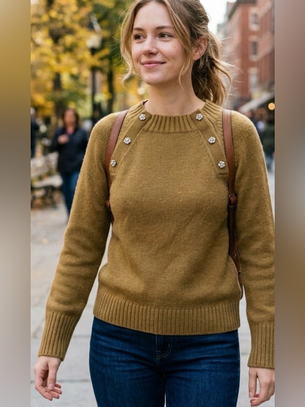 J. Crew Brown Crewneck Sweater with Decorative Buttons Wool blend